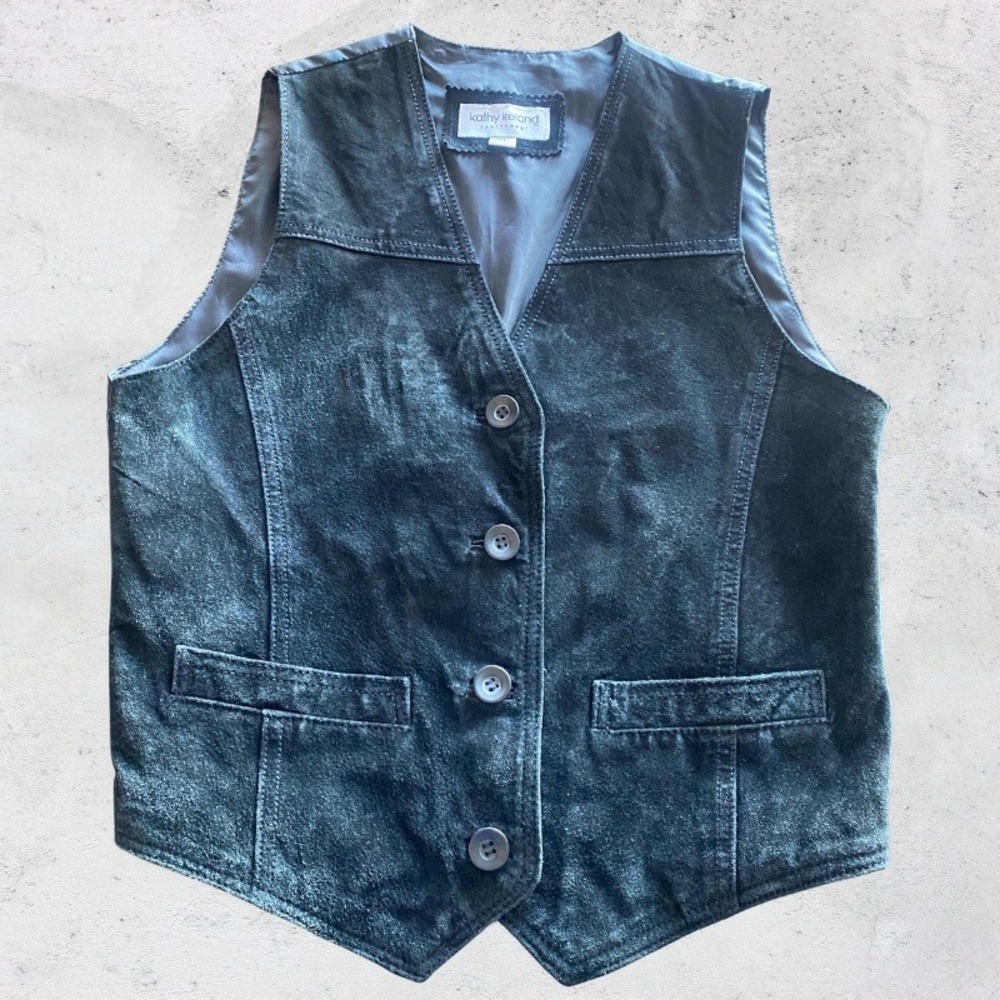 Vintage Leather Vest Womens Medium Black Suede Kathy Ireland 90s dark academia